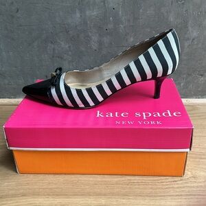 Kate Spade Pelina Too striped heels, patent leather toes and bow, sz 10